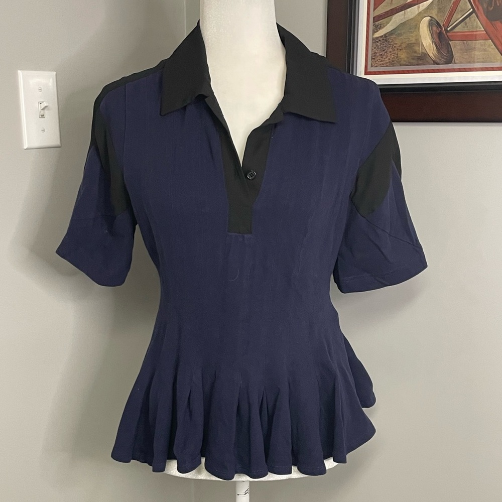 Koche‎ Collective Pleated Peplum Collared Blouse in Navy Blue and Black - M